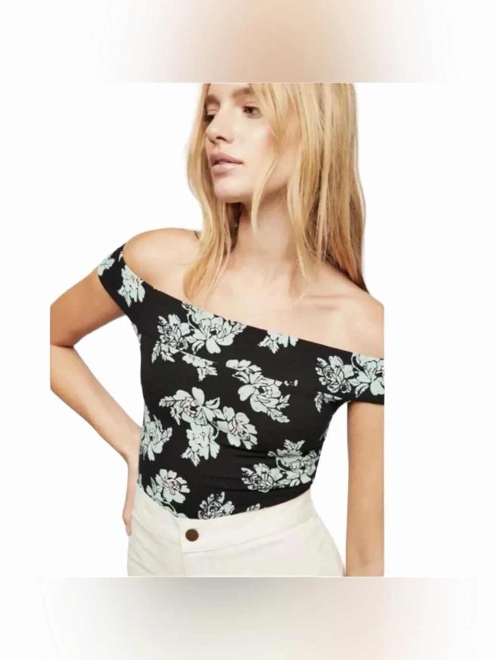 Free People Intimately So Much Floral Off Shoulder Bodysuit Black & Mint Size XS